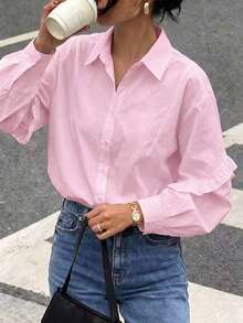Solid Color Front Button Ruffle/Flounce Trim Blouse, Long Sleeve Shirt For Women, Spring Summer Autumn - Baby Pink - View 8
