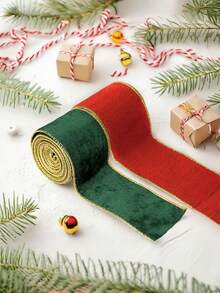 1pc Christmas Flocked Flocked Ribbon, Red & Green Dual Color Gold Edge Luxury Satin Fabric, Handmade DIY Bow Material, Christmas Gift Box & Flower Packaging, Christmas Tree Hanging Decor, Christmas & Halloween Party Scene Decoration Ribbon - A - View 2