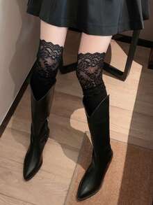 1 Pair Women's (Suitable For 60kg) Black Contrast Lace Comfortable Over-The-Knee Socks, Versatile For Daily Wear - Multicolor - View 2