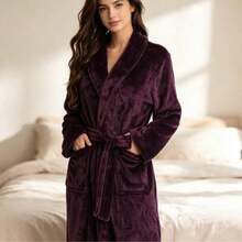 Women's Autumn/Winter Thick Coral Fleece Bathrobe, Long Design, Lapel Collar With Waist Tie, Soft And Warm, With Pockets, Suitable For Home Use As Morning Robe Or Bathrobe - Purple - View 1