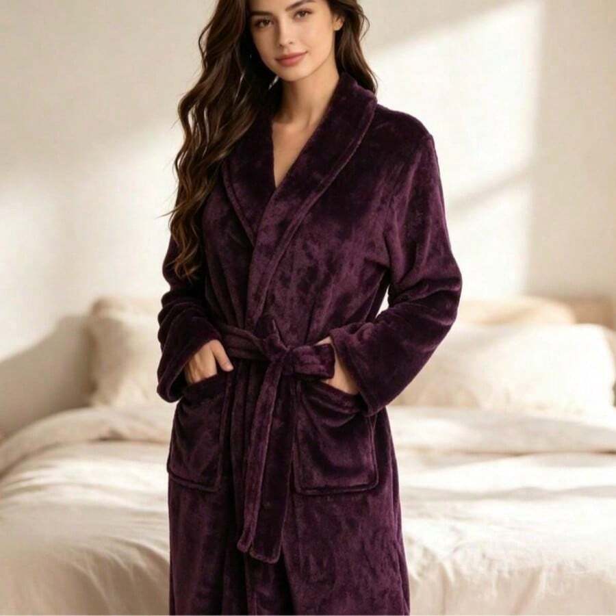 Women's Autumn/Winter Thick Coral Fleece Bathrobe, Long Design, Lapel Collar With Waist Tie, Soft And Warm, With Pockets, Suitable For Home Use As Morning Robe Or Bathrobe - Purple - View 1