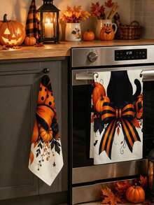 2PCS Halloween Kitchen Dish Towel, Black Cat With Pumpkin & Stripe Bow Print Hand Towel, Fall Autumn Spooky Decor Towel For Kitchen Bathroom Halloween Home Party Decoration - A - View 6