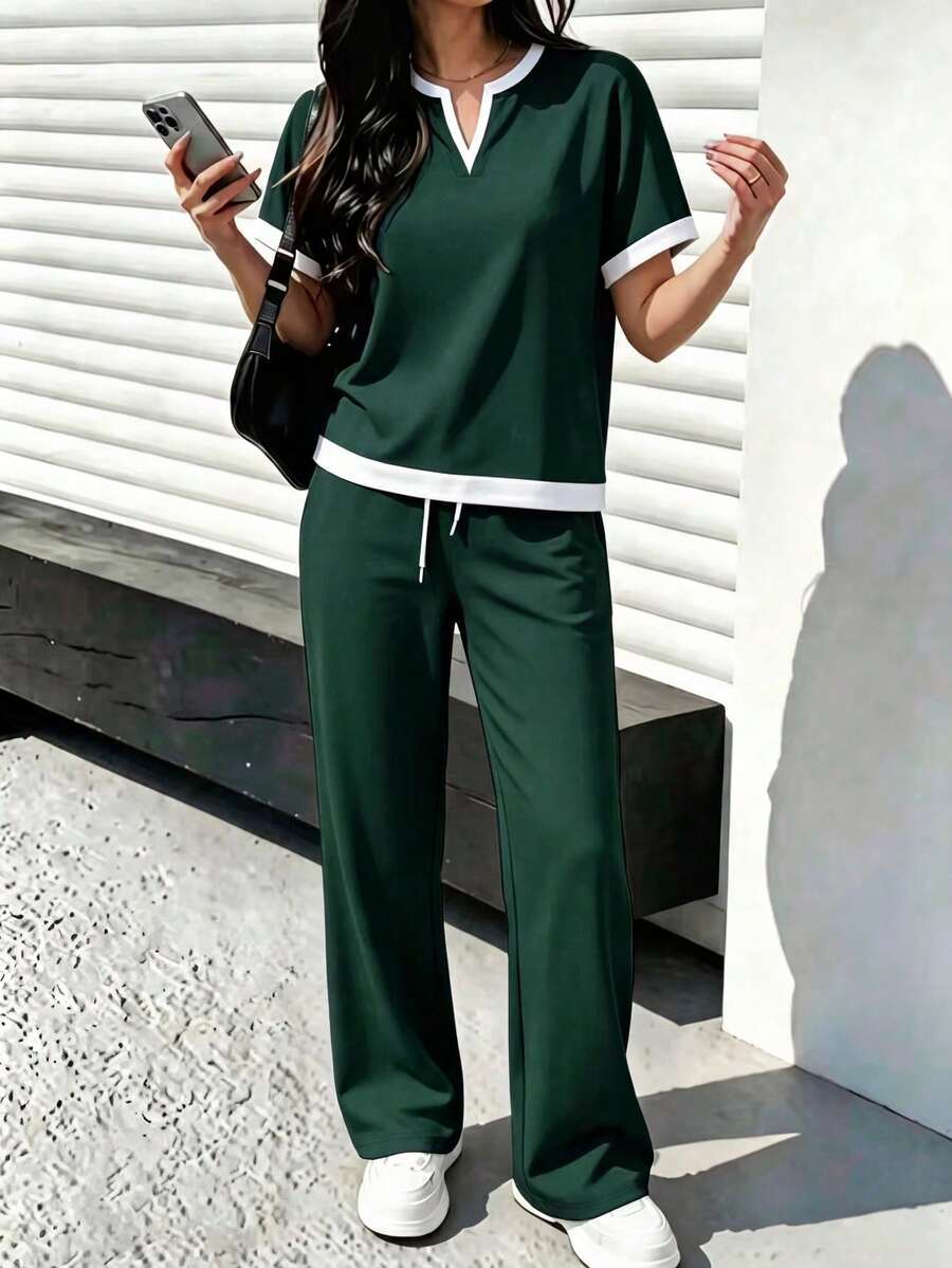 春秋女款新款休閒百搭拼色V領短袖上衣與高腰抽繩直筒長褲2件套 優雅夏季 - 墨綠37+米白 - 查看 1