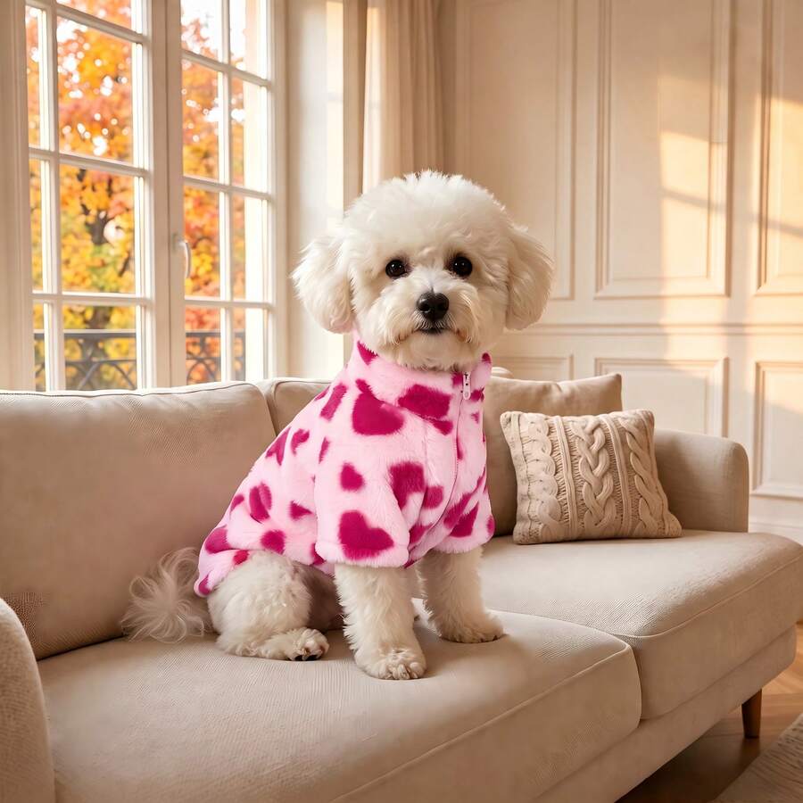 1pc Pet Dog Jacket, Stand Collar And Zipper Easy To Wear, Pink Heart Pattern, Non-Elastic Fabric, No Thermal Lining, Recommended To Measure Pet Size And Choose 2 Sizes Larger, Suitable For Small/Medium Dogs, Cat Clothes, Puppy Clothes, Pet Jacket For Cold Weather - Hot Pink - View 1