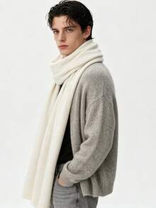 Low-Key Premium Solid Color Men's Long Fur Scarf, Thick Soft Fabric, Intellectual Style Daily Wear Warm Neck Warmer, Extra Large Extra Wide Shawl - White - View 5