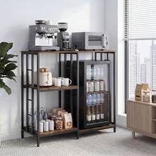 4-Tier Baker's Rack With Mini Fridge Stand - Coffee Bar & Microwave Stand - Heavy-Duty Metal & Wood Kitchen Storage Shelf, Freestanding Kitchen Station - Brown - View 7