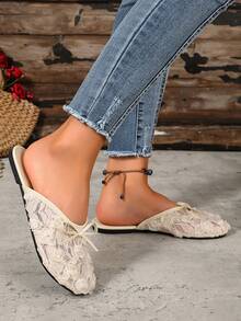 Gentle Lace Floral Bow Closed-Toe Slippers, Girly Breathable Mesh Flat Sandals For Home And Outdoor Wear - Beige - View 6