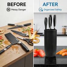 Knife Block, Universal Knife Rack, Countertop Cutting Board Knife Stand, Cylindrical Design And A Removable Bamboo Lid With Multiple Slots, Stylish, Modern Kitchen Accessory Suitable For Chef's Knives, Scissors, Peelers, And Knives Of Various Sizes - Black - View 2