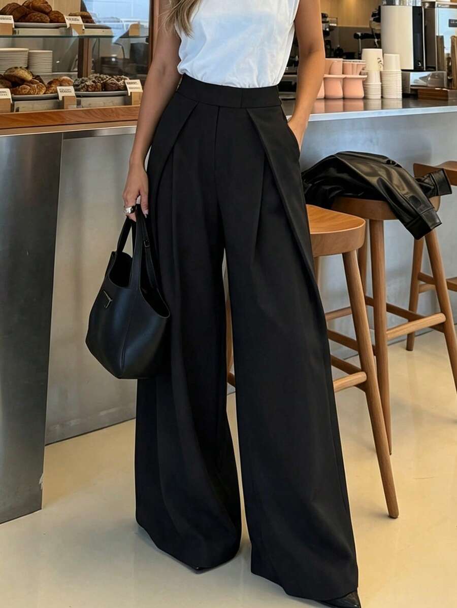 Women's Black Pleated Versatile High-Waist Wide-Leg Long Pants, Fall/Winter Going Out Business - Black - View 1