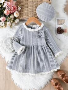 2pcs/Set Baby Girl Long Sleeve Ribbed Jacquard Pom Pom Lace Bow Dress + Grey Hat, Spring/Autumn Outfit Set - Grey - View 1