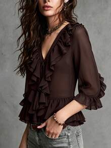 Women's Elegant Vintage Ruffle Trim V-Neck Front Tie Sheer Chiffon Bell Sleeve Blouse - Brown - View 4