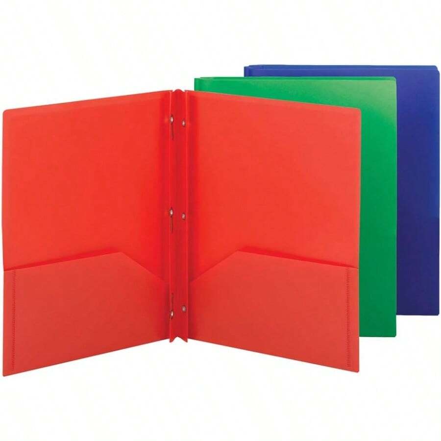 Plastic 2 Pocket Folders With Pockets & Prongs, Red Blue Green 3 Pack | Letter Size, 9-3/4 X 11-1/2 In. Holds 180 Sheets: 80 On The Fastener And 50 Per Pocket. Inside Slot Fits A Business Card. - Multiple Styles - View 1