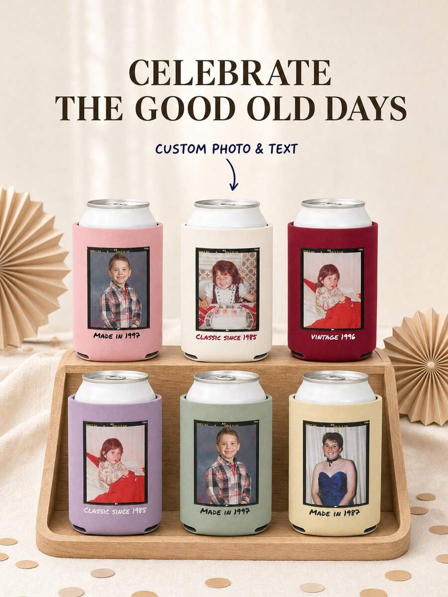1pc Personalized Photo Can Cooler Sleeve, Customized Image Can Holder, Vintage Movie Frame & Text Design, Birthday Party Drink Cup Sleeve, Commemorative Gift - Multicolor - View 1