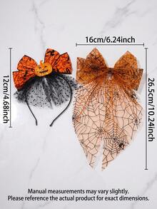 2pcs Halloween Pumpkin Spider Web Bow Headband & Spring Clip Set, Orange Tulle Hair Accessories For Women Girls Cosplay Party Gothic Costume Styling - Multicolor - View 5