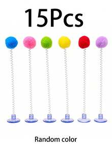 1/5/10/15/20pcs Indoor Cat Interactive Toys, Durable Metal Spring Plush Ball Cat Teaser Wand With Suction Cup Base, Random Mixed Colors, Battery-Free, Stimulate Hunting Instinct, Suitable For All Cat Breeds Pet Toys - Multicolor - View 9