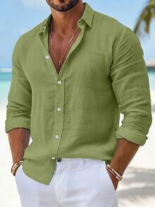 Men's Solid Color Linen Long Sleeve Button-Up Shirt, Casual Regular Fit Beach Vacation Top - Multicolor - View 1