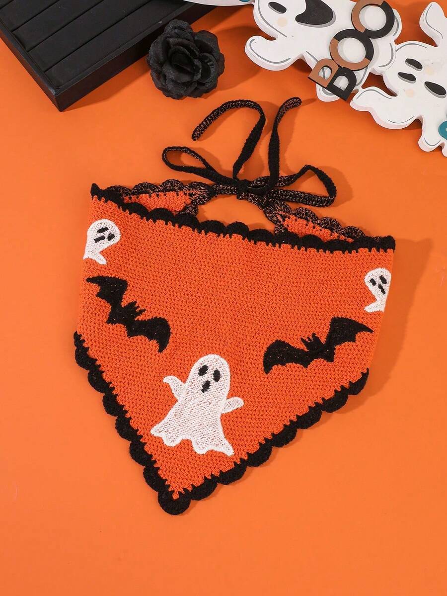 1pc Handmade Crochet Halloween Theme Headscarf, Fun Ghost & Eye Pattern, Tie-Up Triangle Hair Bandana, Party/Daily Versatile Hair Accessory - A - View 1