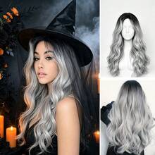 Black Root To Silver Gray Gradient Middle Part Large Wave Synthetic Wig, 26 Inch Long Water Wave Curly Hair For Women, Breathable Inner Net Adjustable Cap, Voluminous Natural Long Curly Hair Wig, Suitable For Daily Wear, Halloween Cosplay, Party, Holiday Dress-Up, Photo Shoot Styling - Ombre - View 10