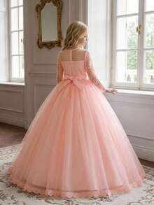 Tween Girl Lace Puff Princess Tulle Elegant Long Dress, Suitable For Prom, Headband Not Included - Baby Pink - View 2