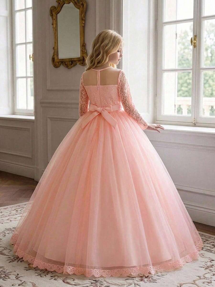 Tween Girl Lace Puff Princess Tulle Elegant Long Dress, Suitable For Prom, Headband Not Included - Baby Pink - View 1