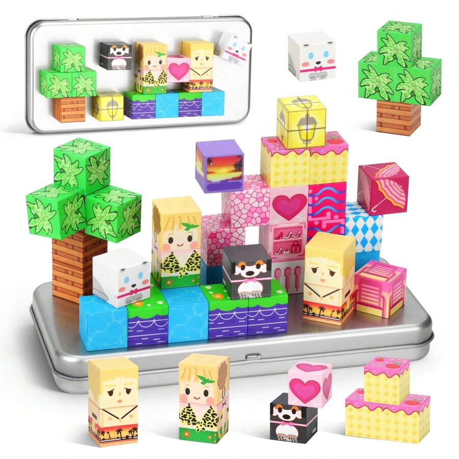 35PCS Summer Theme Portable Box Magnetic Building Blocks, Magnetic Building Blocks Set Pool And Water Park Theme, Children STEM Educational Puzzle Toys, Inspire Imagination And Creativity, Ideal Summer Vacation Birthday Gift For Boys And Girls. Random Color - Multicolor - View 1