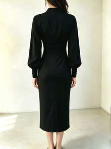 Gaun Wanita Lengan Panjang Kancing Depan Warna Polos, Elegan dan Serbaguna, Desain Gaya Vintage Prancis, Cocok untuk Pemakaian Sehari-hari, Acara Pesta, dan Perjalanan Liburan - Hitam - View 2