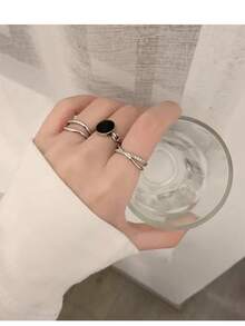Zhishang European & American Minimalist Premium Cold Style Set Rings For Women, Personalized Plain Band With Rhinestone Open Ring Set - Geometric - View 9