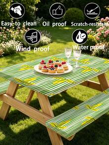 3 PiecesPicnic Tablecloth Set With Bench Cover, Elastic Edge Design, Line & Floral Pattern, Fresh Style, Washable Rectangular Tablecloth, Suitable For Weddings, Camping, Picnics, Garden Parties And More, Practical Essential - A - View 9