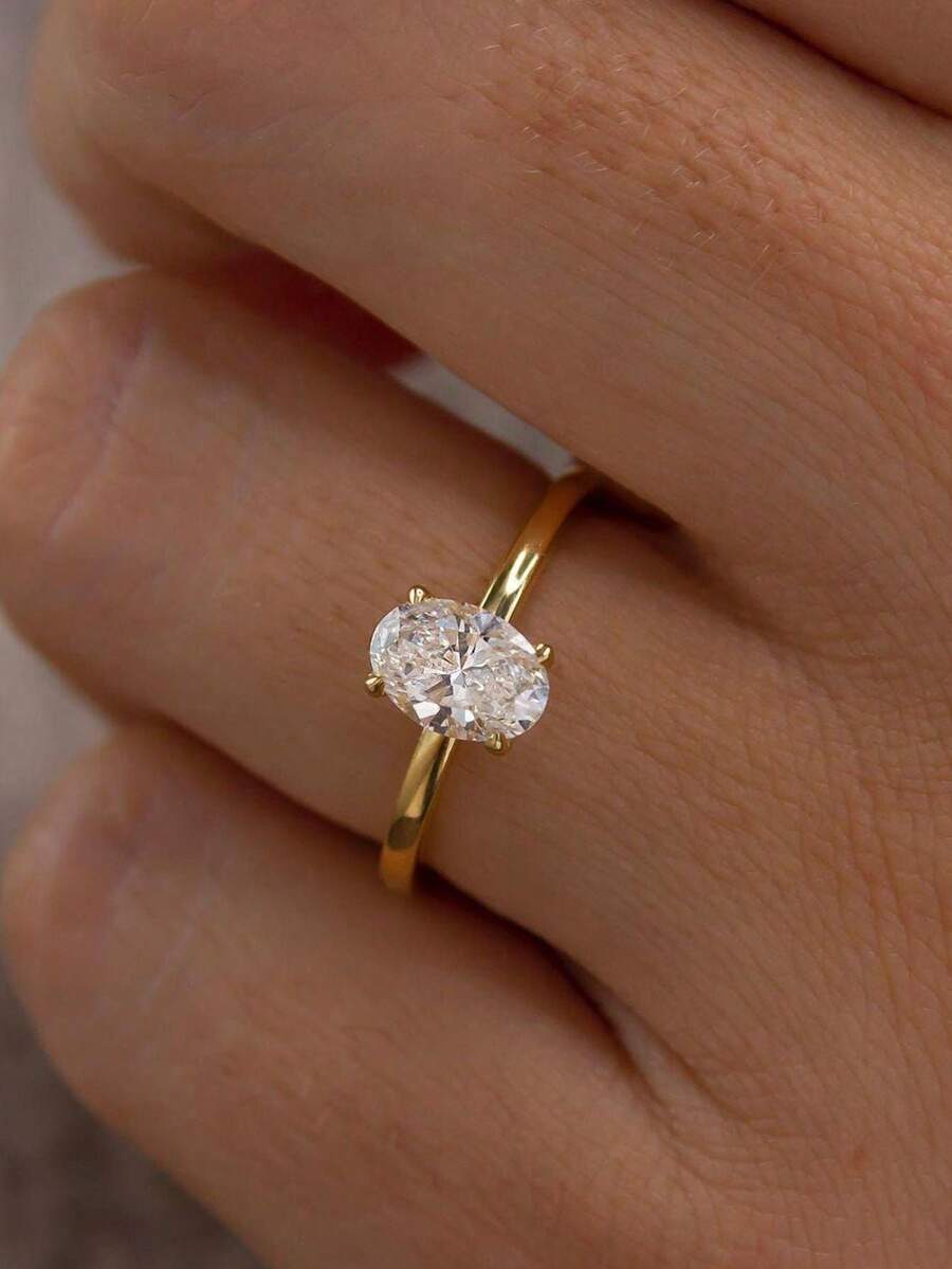 CVNANA 1pc Oval Cut Cubic Zirconia Copper Single Diamond Ring - Minimalist Elegant Exquisite Style, Wedding Ring, Perfect For Daily Wear, Engagement, Proposal, Anniversary Celebration And Valentine's Day Gift - B - View 1