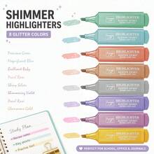 8 Colors Glitter Shimmer Highlighters, Chisel Tip Glitter Highlighter Pens For Journaling, Notes Marking, School Office Supplies, Planner Decorating - Multicolor - View 1