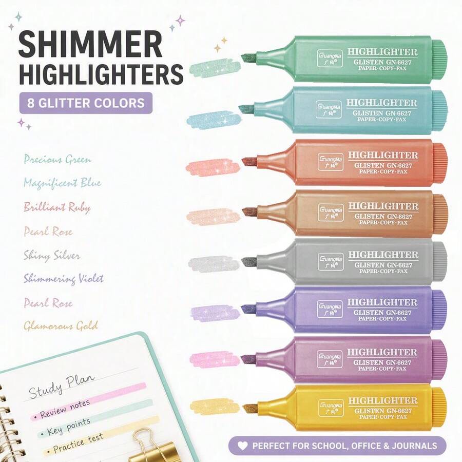 8 Colors Glitter Shimmer Highlighters, Chisel Tip Glitter Highlighter Pens For Journaling, Notes Marking, School Office Supplies, Planner Decorating - Multicolor - View 1