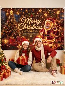 1件裝聖誕背景布，附發光聖誕老人、禮物、聖誕樹圖案及「Merry Christmas & Happy New Year」文字，聖誕掛飾背景布，聚酯纖維拍照亭背景，節日派對背景橫幅，聖誕裝飾，聖誕節裝飾，聖誕裝飾，節日派對裝飾，冬季居家裝飾，室內/室外背景裝飾 - 彩色 - 查看 5