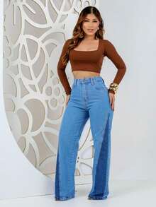 Calça Wide leg   Fofo  Sensual  elegante  Casual    Jeans    Botão  Bolso  Zíper    JEANS   Praia  Férias - Lavagem escura - Visão 6