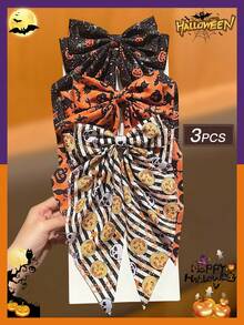 Women's Halloween Bow Hair Clip Set, Pumpkin Bat Ghost Print Long Tail Bow Hair Clips For Women And Girls, Halloween Party Cosplay Daily Hairstyle Accessories, Women's Hair Accessories, Street Photography Hair Accessories, Halloween Costume, Matching Halloween Devil Party Costume Hair Accessories - Multicolor - View 9
