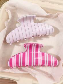 2pcs/Set Acetate Material Rose Pink Colorblock Striped Vertical French Vintage Minimalist Sweet Semi-Circular Hair Claw Tea Party Ball Beach Vacation Versatile Updo Hair Accessory - 2-piece Set - Rose Pink Vertical Stripes - View 1