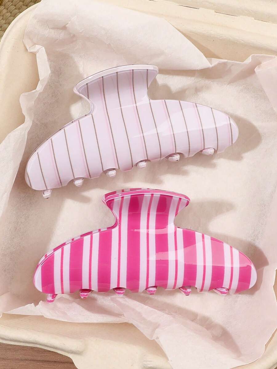 2pcs/Set Acetate Material Rose Pink Colorblock Striped Vertical French Vintage Minimalist Sweet Semi-Circular Hair Claw Tea Party Ball Beach Vacation Versatile Updo Hair Accessory - 2-piece Set - Rose Pink Vertical Stripes - View 1