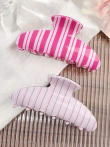 2pcs/Set Acetate Material Rose Pink Colorblock Striped Vertical French Vintage Minimalist Sweet Semi-Circular Hair Claw Tea Party Ball Beach Vacation Versatile Updo Hair Accessory - 2-piece Set - Rose Pink Vertical Stripes - View 6