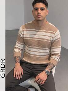 GRDR Men's Striped Colorblock Hollow Knit Sweater - Fashionable Minimalist Long Sleeve Pullover - Apricot - View 3