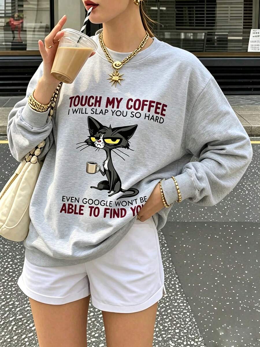 Grumpy Cat Funny Coffee Slogan Print Crew Neck Sweatshirt, Humorous Coffee Lover Cartoon Pullover Top, Casual Long Sleeve With Witty Meme Vibe, Quirky Everyday All-Match Versatile Top