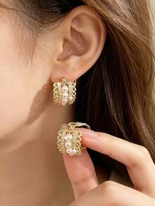 4pcs/Set Luxury Elegant Copper Inlaid Zirconia Water Drop Pendant Earrings, Elegant Pearl Geometric Round Ear Studs, Party Date Gift - Multicolor - View 3