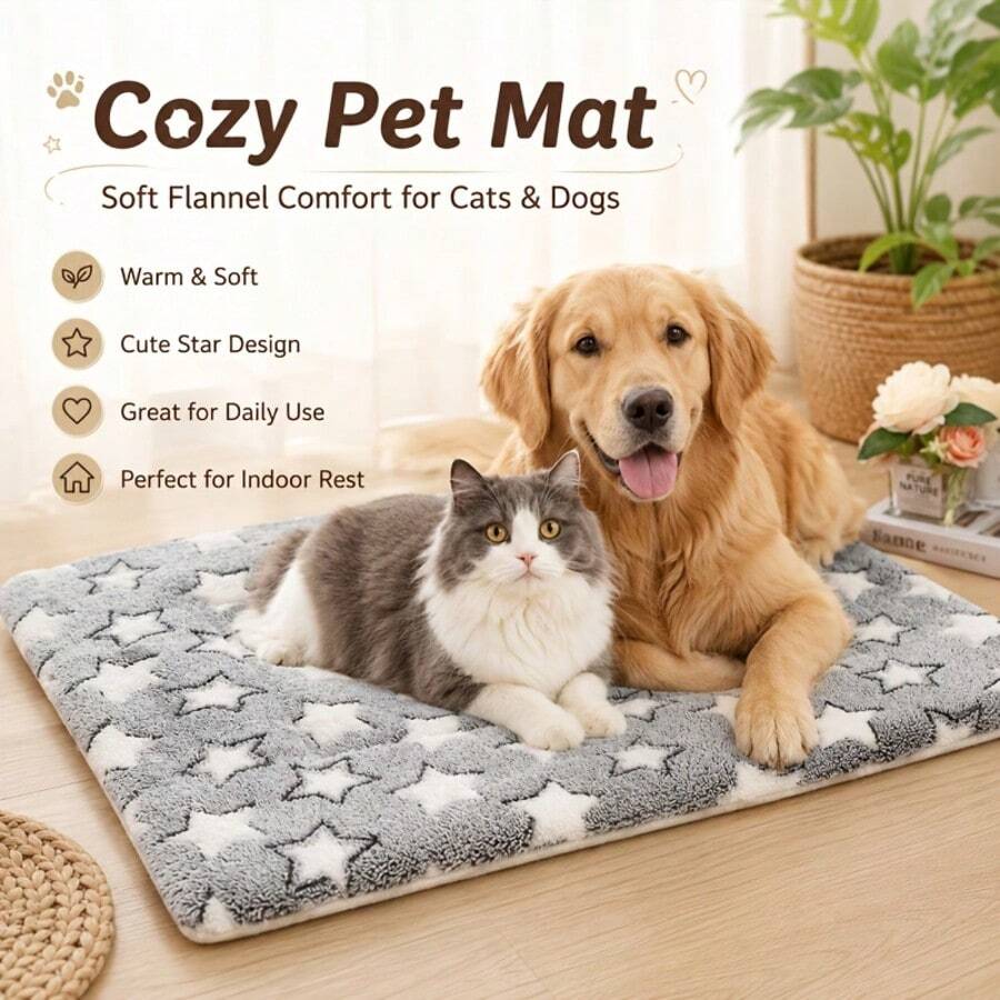 2026 New Style, Ultra Soft Ultra Thick Plush Pet Mat - Star Pattern Flannel Cat & Dog Mat, Non-Slip Bottom, Comfortable & Warm, Machine Washable, Suitable For All Breeds Indoor Comfort, Non-Slip Pet Accessory | Plush Pet Cushion | Durable Polyester Fiber - Light Grey - View 1