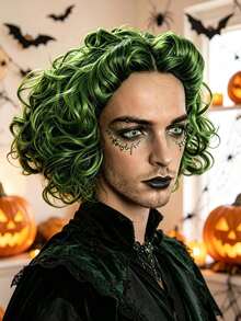 1pc Short Green Curly Wavy Wig, Clown Costume Hair Accessory, Anime Character Wig Prop, Halloween Party Outfit Matching Headpiece, Unisex Green Wig - Multicolor - View 1