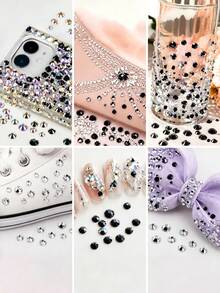 1440pcs/Black Crystal Hot-Melt Flat-Back Rhinestones, Multi-Size Round Crystal Rhinestones, Shiny Adhesive Rhinestones, Suitable For Nail Art, Phone Cases, Shoes, Clothing, Handmade DIY Decoration - Black - View 2