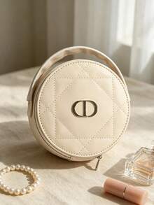 Dior Quilted Round Cosmetic Bag With Metal Logo Zipper Closure, Portable Travel Makeup Storage Bag With Top Handle, Women's Beauty Storage Gift - Pink - View 4