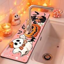 1pc Halloween Ghost Pumpkin Pattern Sink Faucet Absorbent Mat, Drainage Mat, Suitable For Kitchen, Bathroom Sink, Countertop, Drainage Mat, Diatomaceous Earth Material, Trimmable, Quick Dry Mat - Multicolor - View 3
