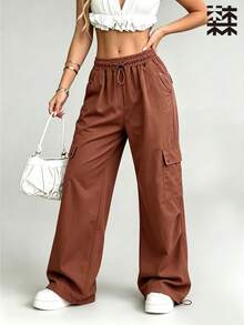 mulinsen Women's Elastic Waist Multi-Pocket Cargo Pants, Loose Wide Leg Drawstring Hem Casual Streetwear Long Pants - Rust Brown - View 1