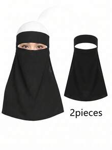1pc Pearl Chiffon Soft & Skin-Friendly Solid Color Face Veil - Black - View 3