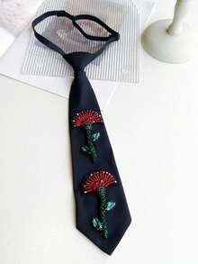 Black Handmade Beaded Floral Tie, Red & Green Rhinestone Flower Decor, Niche Aesthetic Shirt Skinny Tie - Red Double Flowers - View 2