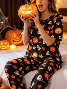 2-Piece Women's Halloween Pajama Set, Pumpkin & Maple Leaf Print, Short Sleeve Crew Neck Top And Long Pants Set, Comfortable Loose Fit For Home Wear, All Season - Black - View 7