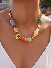(Bead Color May Vary, Quantity Random) 1pc Simple Fashion Exaggerated Asymmetrical Beaded Necklace For Women, Sisters, Summer Vacation, Date, Gift, Daily Casual, Party, Wedding - Multicolor - View 2